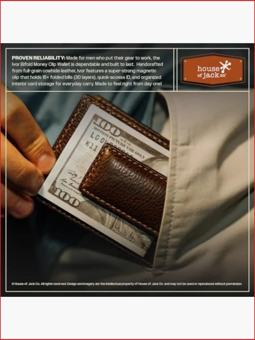 Bifold Money Clip Wallet with Super Strong Magnetic Clip, Full Grain Leather,